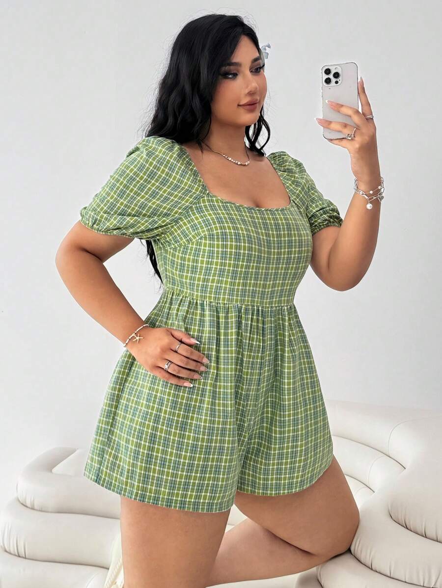SHEIN EZwear 女式绿色格子休闲大码连衣裙 - 彩色 - 查看 1