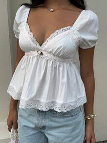 Sunnyshic Women's Vacation Lace Splice Puff Short Sleeve V-Neck Shirt, Summer - White - View 5