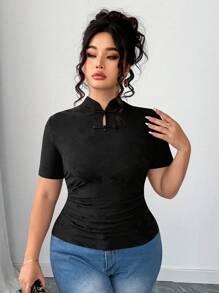 Áo thun ngắn tay thêu jacquard cỡ lớn Elenzga – Eo nhún, chi tiết cúc, màu đen, thích hợp cho mùa hè và năm mới. - màu đen - Xem 6
