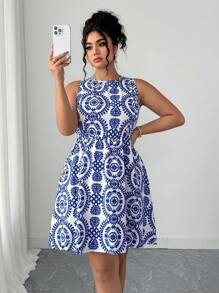 Elenzga Vacation Style Backless Tie Neck A-Line Dress - Multicolor - View 3