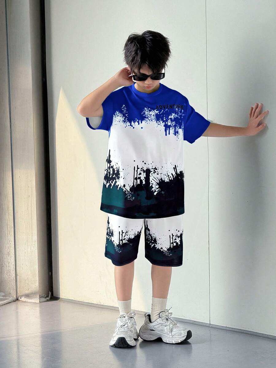 SHEIN Little Byeori Tween Boy Loose Street Style Short Sleeve & Shorts Set,Kids - Royal Blue - View 1