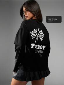 Missguided x Playboy Racing Logo Long Sleeve Oversized T-Shirt With Checkered Flag Graphic Motorsport Urban Streetwear Fall Winter Collection Athleisure Club Style Car Racing