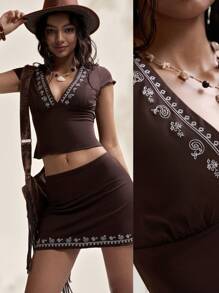 Easelle Vacation Boho Rave Outfits Festival Embroidered Deep V-Neck Bodycon Two Pieces For Women - Black - View 2