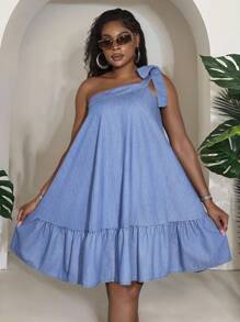 Slaydiva Vestido de peto de mezclilla talla grande, con hombro sexy descubierto, suelto y corto, vestidos de primavera azules para mujeres - vestidos de verano para mujer, vestido con volantes de un hombro, vestido casual, vestido bohemio, vestido de vacaciones, vestido tropical, vestido para salir, vestido de hada, conjuntos de vacaciones en la playa, vestido de playa