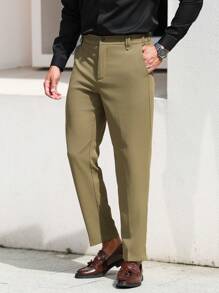 Manfinity Mode Quần âu công sở màu trơn cho nam có thắt lưng và túi - màu xanh lá - Xem 3