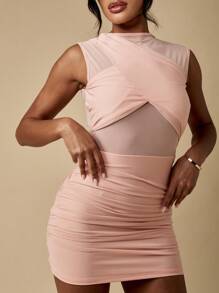 MISSGUIDED 网眼细节褶饰紧身迷你派对连衣裙交叉设计修身俱乐部装现代无袖魅力晚装时尚