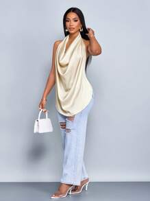 SOLERSUN Spring And Summer Women's Wear Leisure Vacation Apricot Glossy Fabric Deep V Neck Halter Straps Swing Neck Curved Hem Backless Straps Woven Fabric Vest