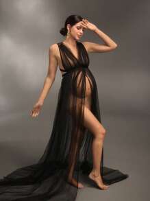Cheriluna Maternity Robe de maternité pour séance photo, col cravate, dos nu, fendu, robe noire transparente