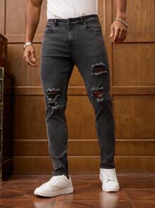 Manfinity Homme Herrjeans med slitna fickor och casual skinny jeans - Grå - Visa 6