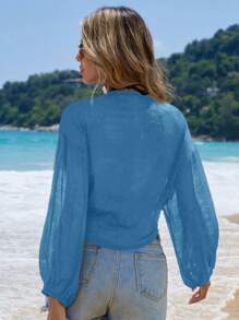 Swim Vcay Women's Vacation Solid Drop Shoulder Long Sleeve Short Kimono Cover Up For Summer - Baby Blue - View 6