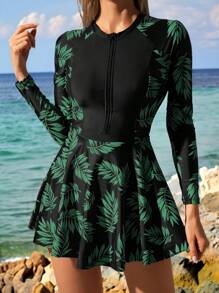 Swim SPRTY Women Black Patchwork Tropical Leaf Print One-Piece Front Zip Swimsuit, Conservative For Vacation, Surfing, Sports For Summer