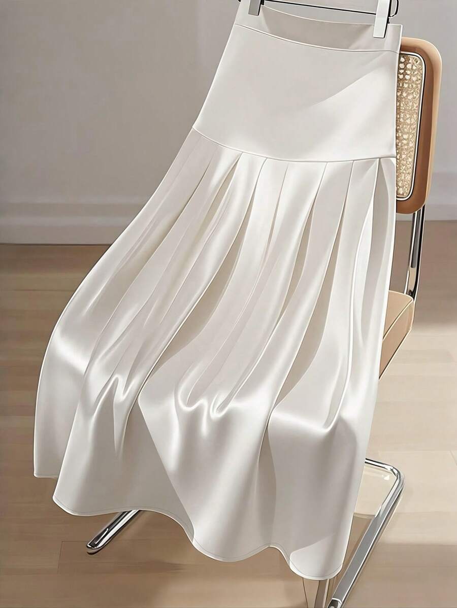 SHEIN Clasi 女士优雅简约纯色收腰 A 字褶裙，极简设计，闪亮光泽，春夏