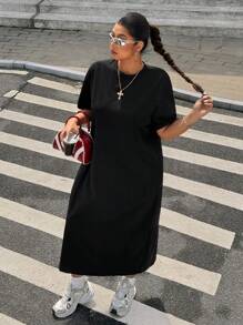 Muchica Plus Size Round Neck Short Sleeve T-Shirt Dress  Black Women Dresses - Black - View 6