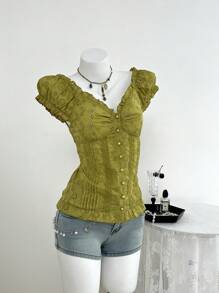 Elamini 女士方领刺绣腰部修身休闲衬衫，纯色，适合日常穿着，春夏季