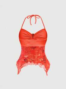 ROMWE Hippie Summer Casual Printed Asymmetric Hem Halter Neck Top - Coral Orange - View 2