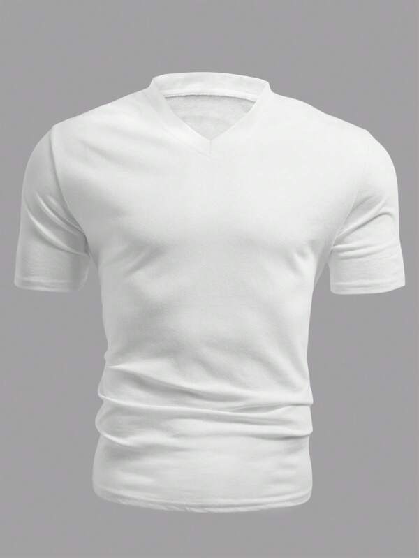 Manfinity Homme T-shirt casual à manches courtes col V unicolore pour grands hommes, été