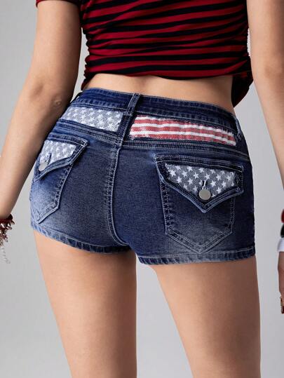 J-Fashion Short en jean déchiré, taille basse, ajusté, style de rue vintage avant Y2K pour femmes, avec drapeau américain et graphique brodé