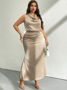 Firerie 2 件套女式缎面褶皱领口系带衬衫和褶皱长裙，适合情人节、音乐会、表演、约会、派对、婚礼、性感、优雅、通勤、返校、度假、海滩、大码、2 件套夏季服装、商务休闲女装 - 杏色 - 查看 3