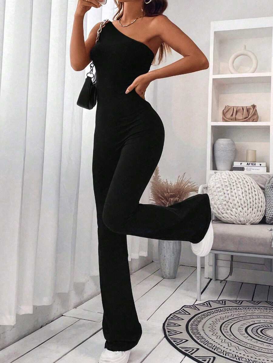 SHEIN EZwear Mono de pierna acampanada de unicolor para mujer, adecuado para el verano - Negro - Ver 1