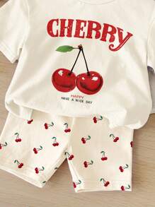 SHEIN Baby Girl Cute Cherry Pattern Casual Minimalist Round Neck Short Sleeve T-Shirt & Tight Shorts Set, Suitable For Spring/Summer