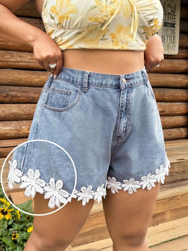 SHEIN MOD Damen große Größen Denim Shorts mit Taschen und Verzierung, Lässig, Sommer