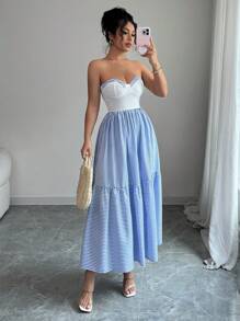 Elenzga Women's Elegant Romantic Sleeveless Patchwork A-Line Striped Dress