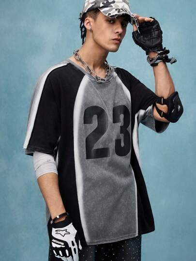 Prep Men's Jersey Casual Colorblock Digit Graphic Round Neck Short Sleeve T-Shirt, Summer