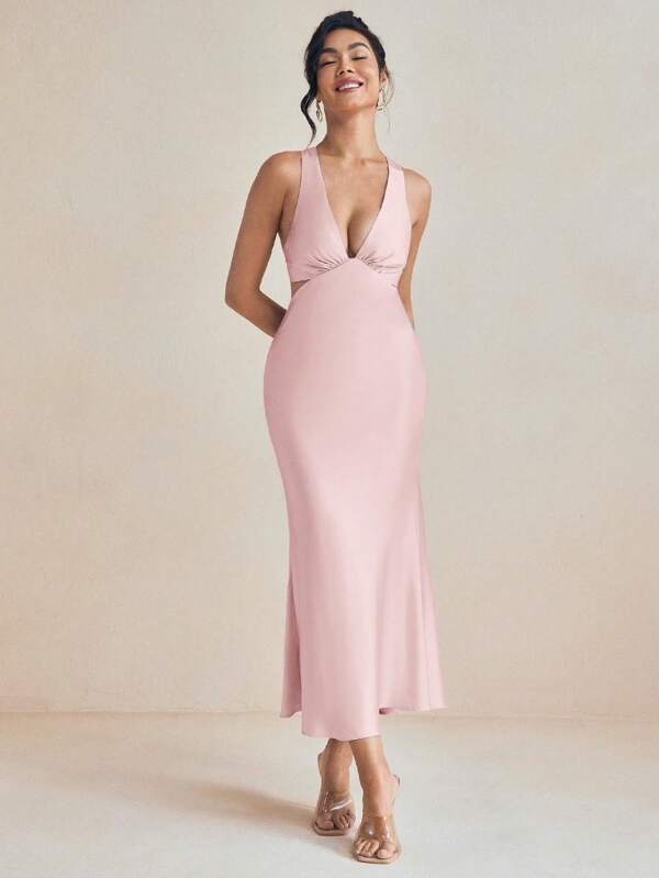 Amiko Spring Summer Bias Drape Pink Satin Slip Dress With Tie Back Women Elegant Dress Vacation