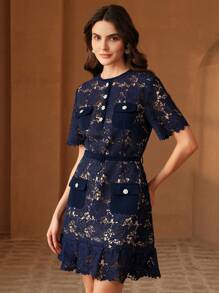 Anewsta Women Elegant Blue Lace Trim Knee-Length Short Sleeve Casual Dress, Suitable For Spring, Summer, Festivals And Holiday