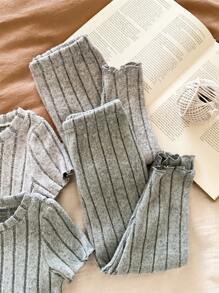 4pcs Baby Girl Casual Ruffled Neck Short Sleeve Top And Long Pants Knitted Ribbed Pajama Set - Green - View 5