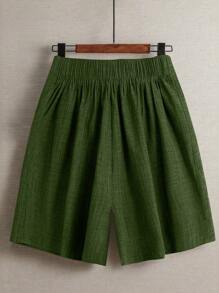 SHEIN LUNE 大码女式夏季亚麻休闲通勤日常外出松紧腰圆下摆开衩设计中式纽扣装饰短裤 - 綠色 - 查看 2