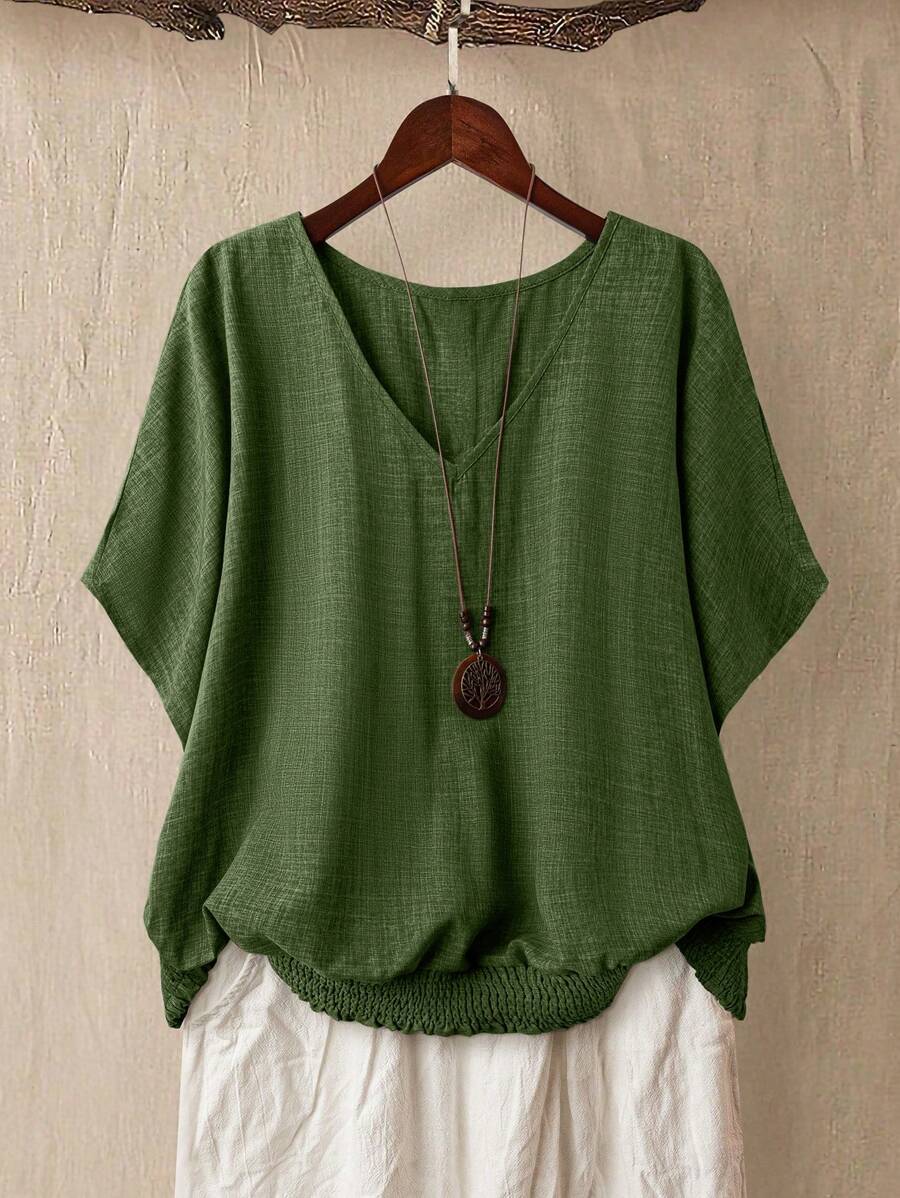 Linhara Plus Size Women V-Neck T-Shirt, Comfortable Casual Commuting Going Out Tops For Vacation, Party & Summer - Green - View 1