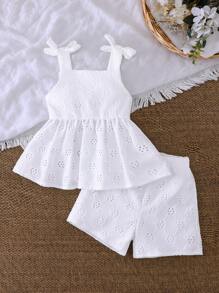 Vintaside Kids Toddler Girl Vacation Burnout Embroidery Bow Shoulder Design Ruffle Hem Top And Shorts Cute Casual Outfit Set - White - View 1
