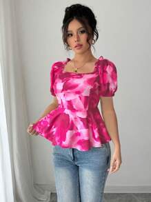 Elenzga Áo thun nữ tay bồng xếp nếp in hoa thanh lịch, eo thắt eo - Màu Hồng Tươi - Xem 4