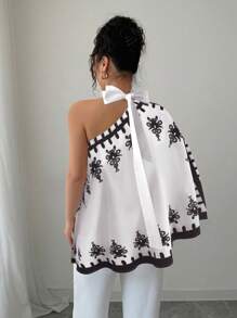 Rafferiza 女士优雅印花不对称下摆蝙蝠袖系带衬衫 - 淺粉色 - 查看 2