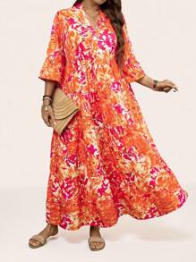 SHEIN LUNE Đầm dài rộng rãi họa tiết màu cam-đỏ mùa hè cho nữ cỡ lớn đi nghỉ mát Boho - trái cam - Xem 3