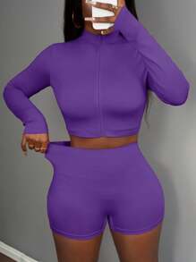 Slaydiva 3 Stücke/Set Damen Sommer Lässig elastisch Halb-Reißverschluss Stehkragen Slim Fit Langarm T-Shirt Jacke, ärmelloses Crop Top und Sport Shorts - Violett - Übersicht 6