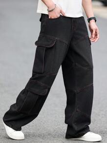 Manfinity Hypemode Baggy Black  Jeans: Wide Leg Denim Pants With Flap Pockets And Contrast Stitching - Black - View 8
