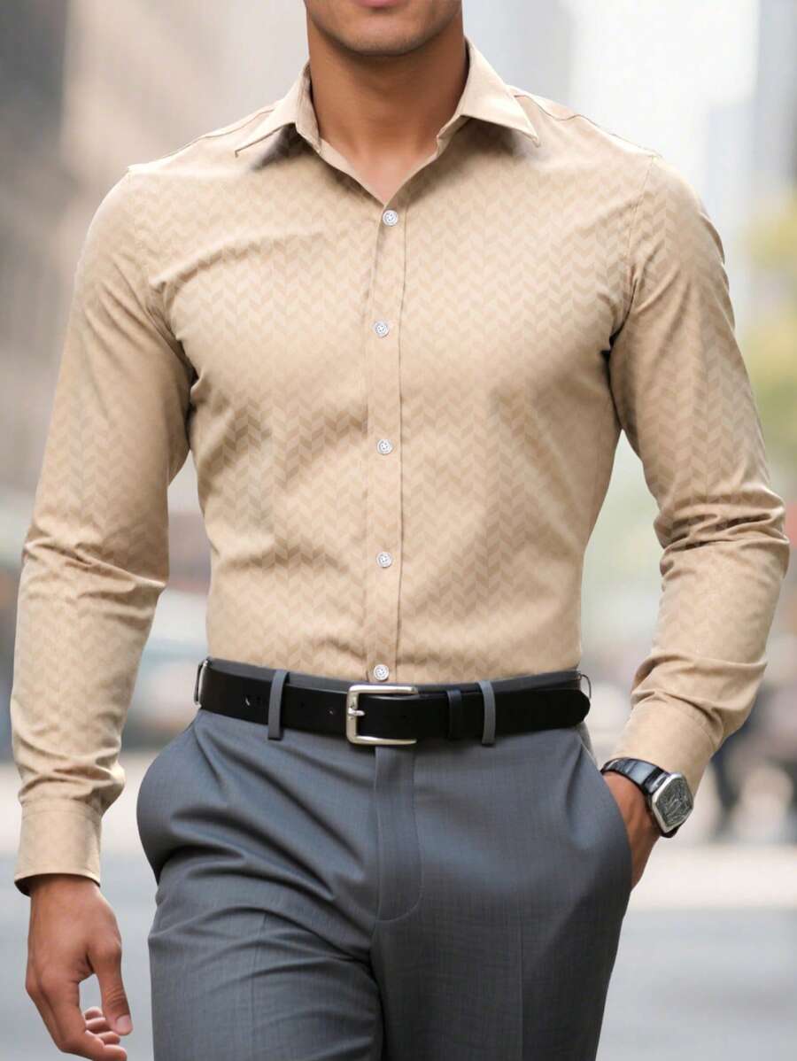 Manfinity Mode 男士长袖纯色休闲衬衫，适合夏季、秋季，老款风格 - 卡其色 - 查看 1