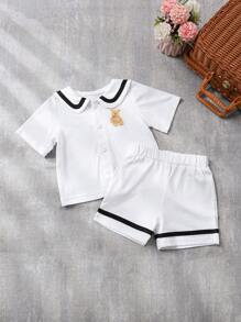 2 件婴幼儿熊印花 Polo 领短袖上衣和松紧腰短裤套装，棉质面料柔软舒适，适合 6 个月 - 3 岁儿童，简约时尚风格，适合室内/室外活动，春夏季 - 白色 - 查看 7