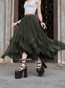 ROMWE Goth 女式纯色撞色蕾丝不对称下摆网眼A字裙 - 綠色 - 查看 3