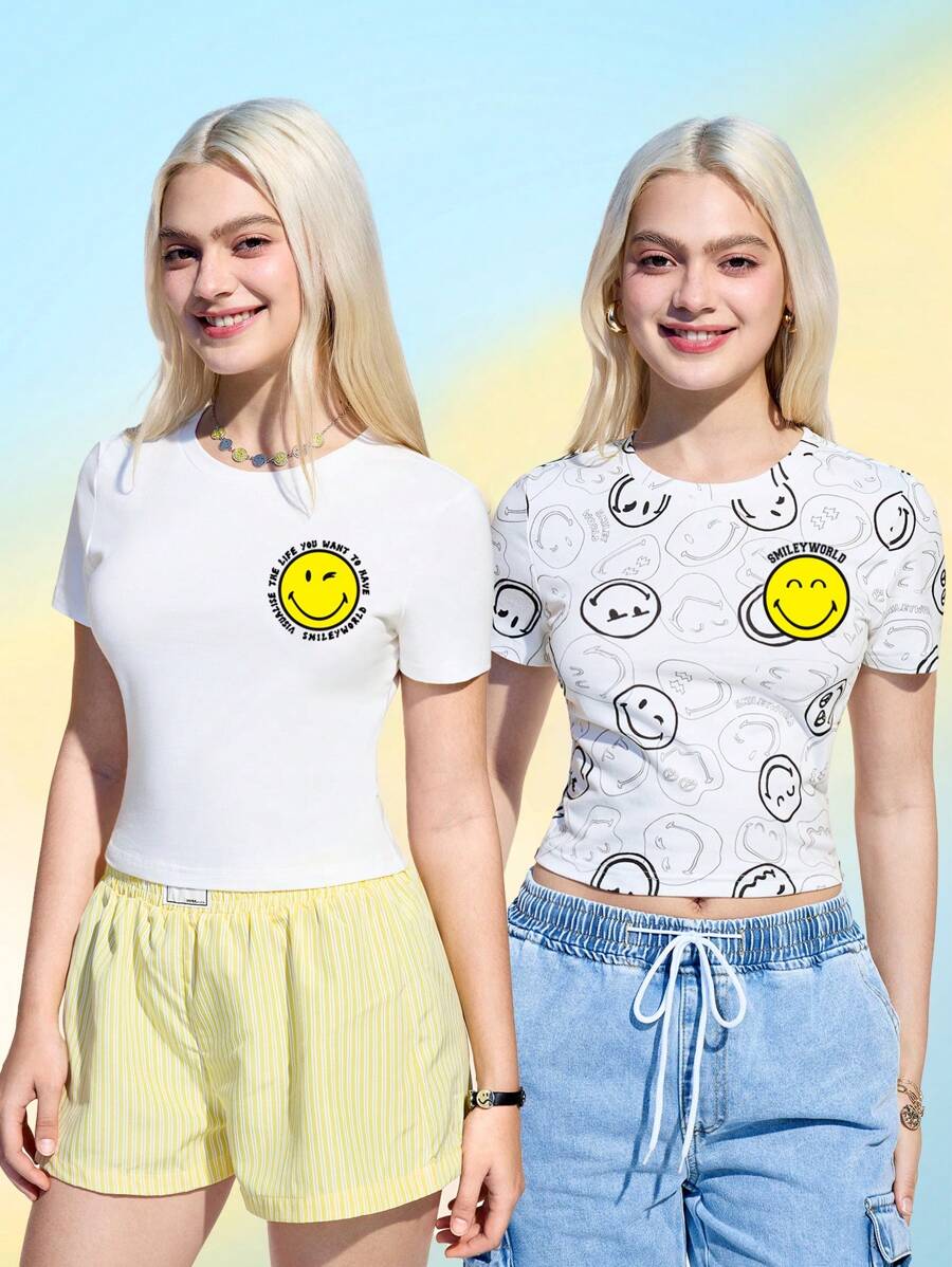 SmileyWorld® | SHEIN Áo thun cổ tròn tay ngắn họa tiết mặt cười dành cho nữ, mùa hè - trắng - Xem 1