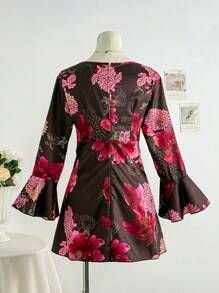 INAWLY Women's Floral Contrast Lace Bell Sleeve Fashion Vacation Blouse - Brown - View 2