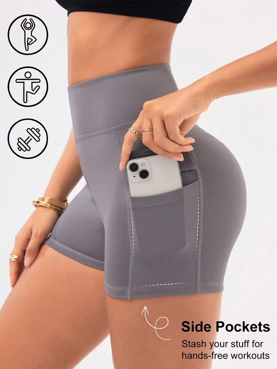 Easithlete شورتات رياضة بخصر مطاطي ذات لون واحد مع جيبين جانبيين وجيب في الخلف، شورتات لاعبي الدراجات من نسيج سبانديكس - رمادي - مشاهدة 1