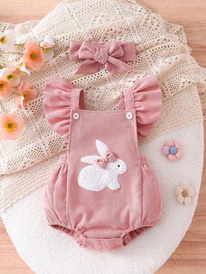 SHEIN Playful Pals 2 قطعة حلة رومبير مزينة بالأرنب والكرات النسيجية للأطفال والأطفال الرضع ، صيفي