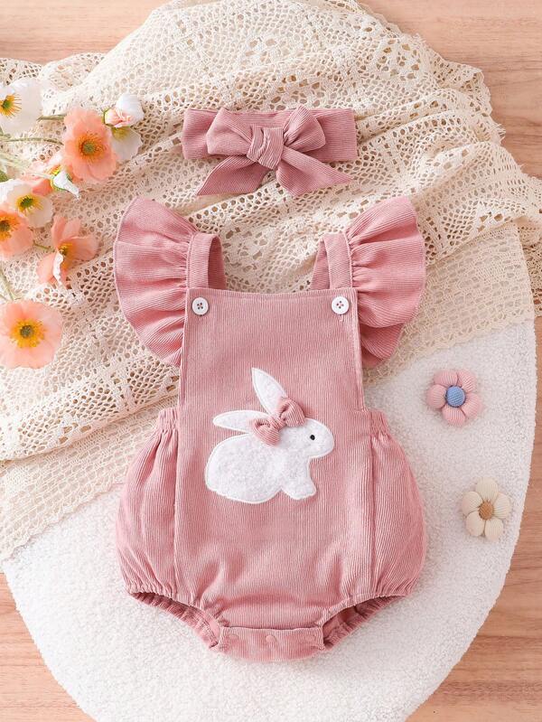 2pcs Baby/Toddler Cute Rabbit Embroidery & Pom Pom Decor Romper Set, Summer