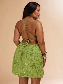 SHEIN BAE Vestito a fascia con paillettes e nodo, verde, sexy e senza schienale, da donna con taglie comode, elegante mini vestito senza schienale, adatto per spiaggia, vacanze, abito estivo