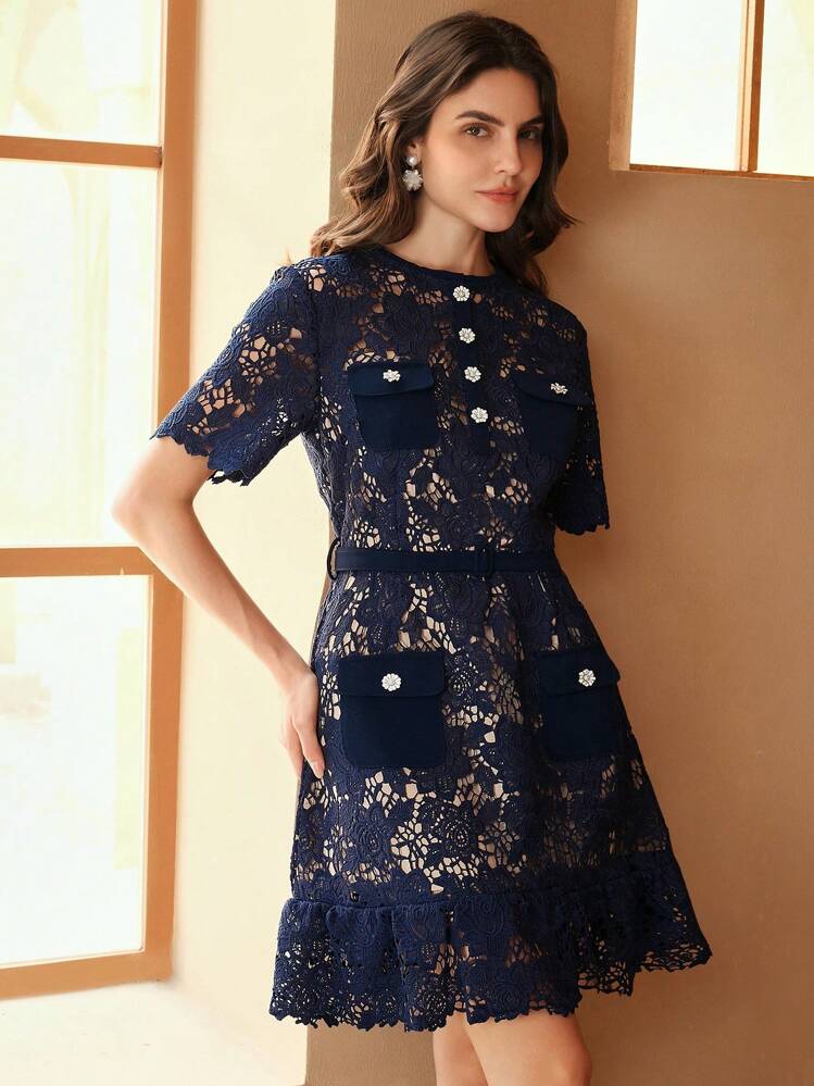 Anewsta Women Elegant Blue Lace Trim Knee-Length Short Sleeve Casual Dress, Suitable For Spring, Summer, Festivals And Holiday - Royal Blue - View 7