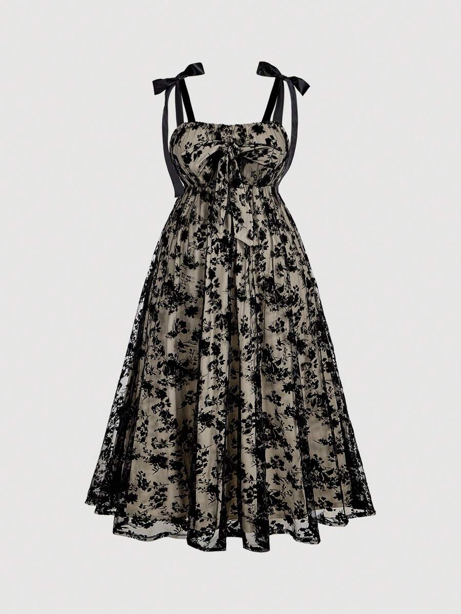 SHEIN MOD 加大码女式黑色蕾丝与植绒花卉刺绣蝴蝶结装饰网眼 A 字下摆长裙，女式婚礼宾客礼服，女式生日礼服，2000 年代风格，女式礼服，生日礼服 - 黑色 - 查看 1