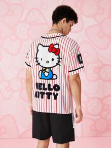 HELLO KITTY AND FRIENDS | SHEIN 1件条纹卡通图案短袖衬衫，夏季 - 紅白色 - 查看 6